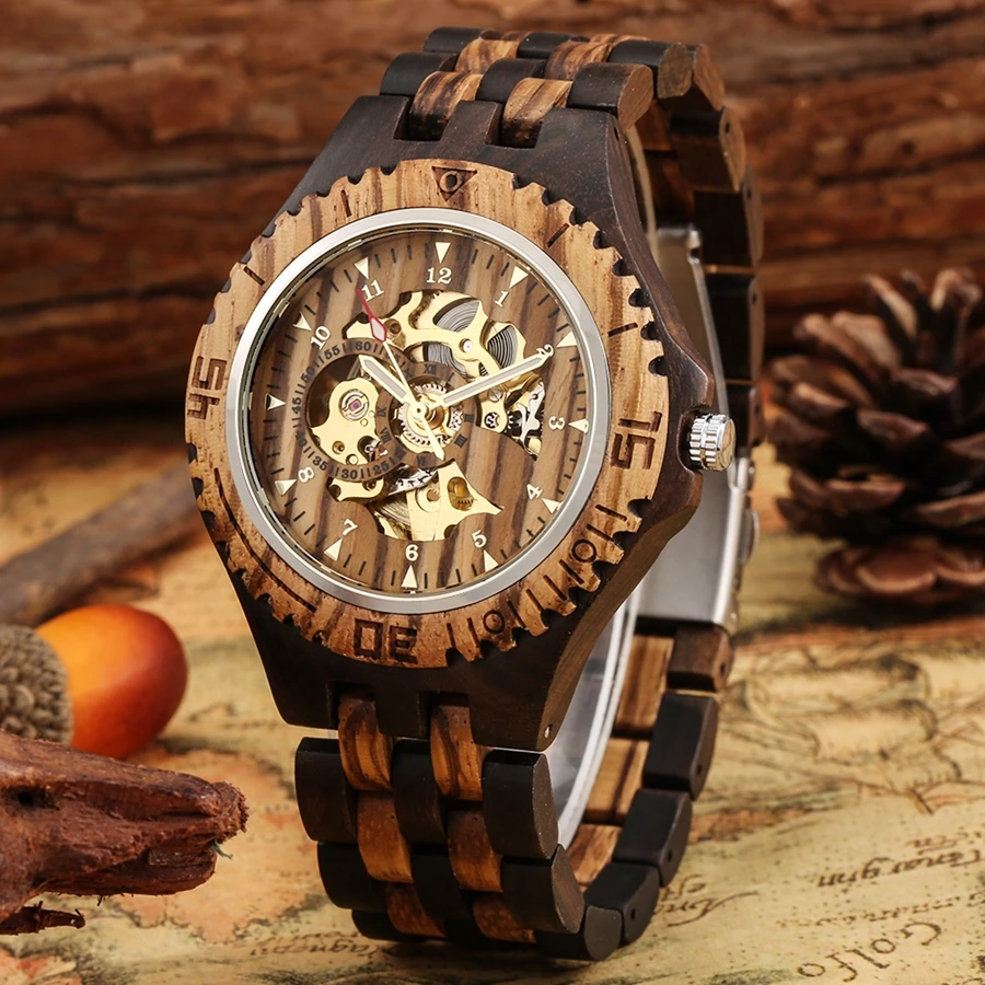 Retro Mechanical Watches Mens Watch Top Luxury Automatic Hollow Skeleton Wristwatch with Adjustable Bangle Clock for Men Husband