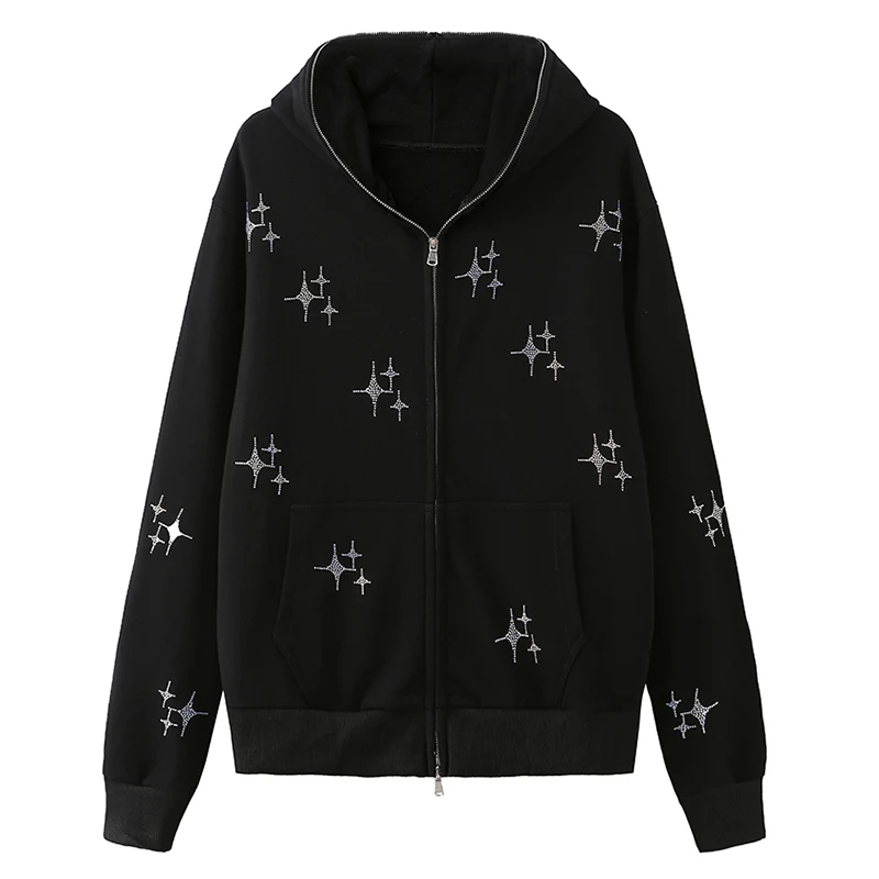 Zsiibo Y2K Vero Sweatshirt Loose Hoodie Women Zip Up Long Sleeve Coat Punk Female Vintage Harajuku Grunge Clothes Rhinestone