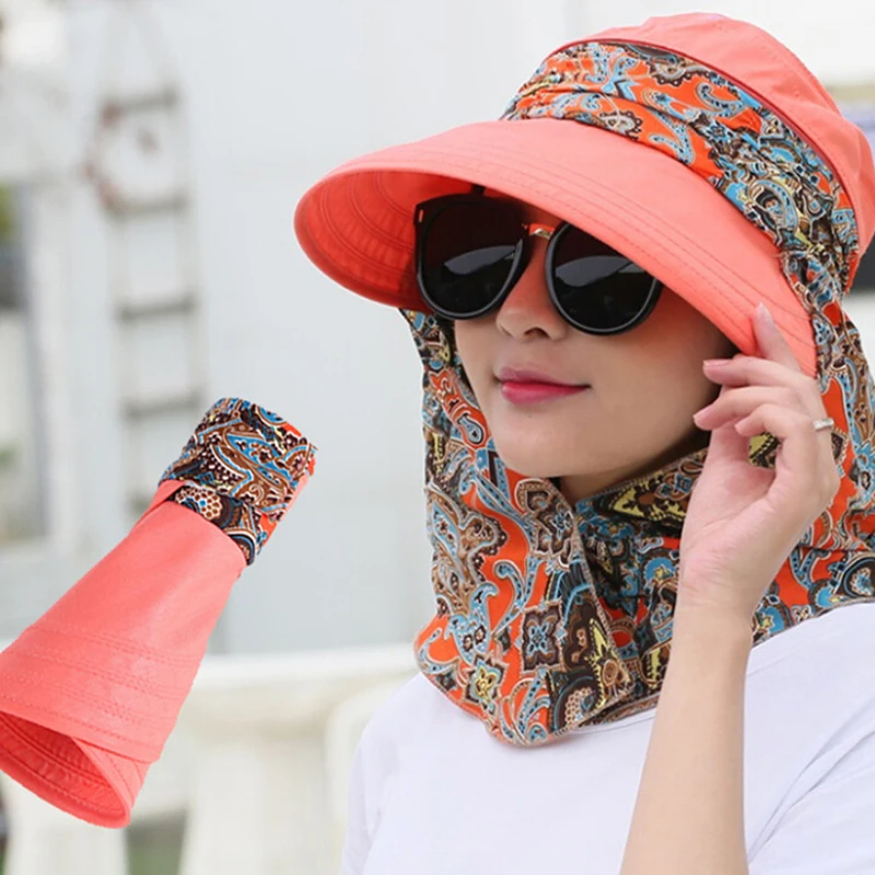 Lady Women Summer Outdoor Hat Cap Riding Anti-UV Sun Hat Beach Foldable Sunscreen Floral Print Caps Neck Face Wide Brim Hat