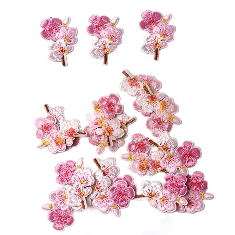 10pcs Embroidered Cherry Flower Patches Iron On Sew On Peach blossom Stickers DIY Handmade Patchwork Crafts Fabric Appliques