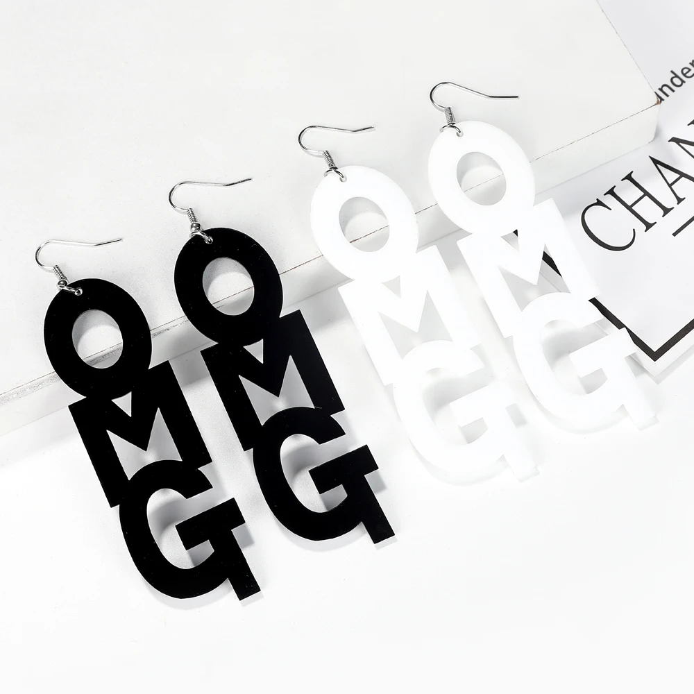 YAOLOGE Cool Gothic Hyperbole Personality Black White English Letters OMG Infinite Charm Hip Hop Nightclub Earrings For Women