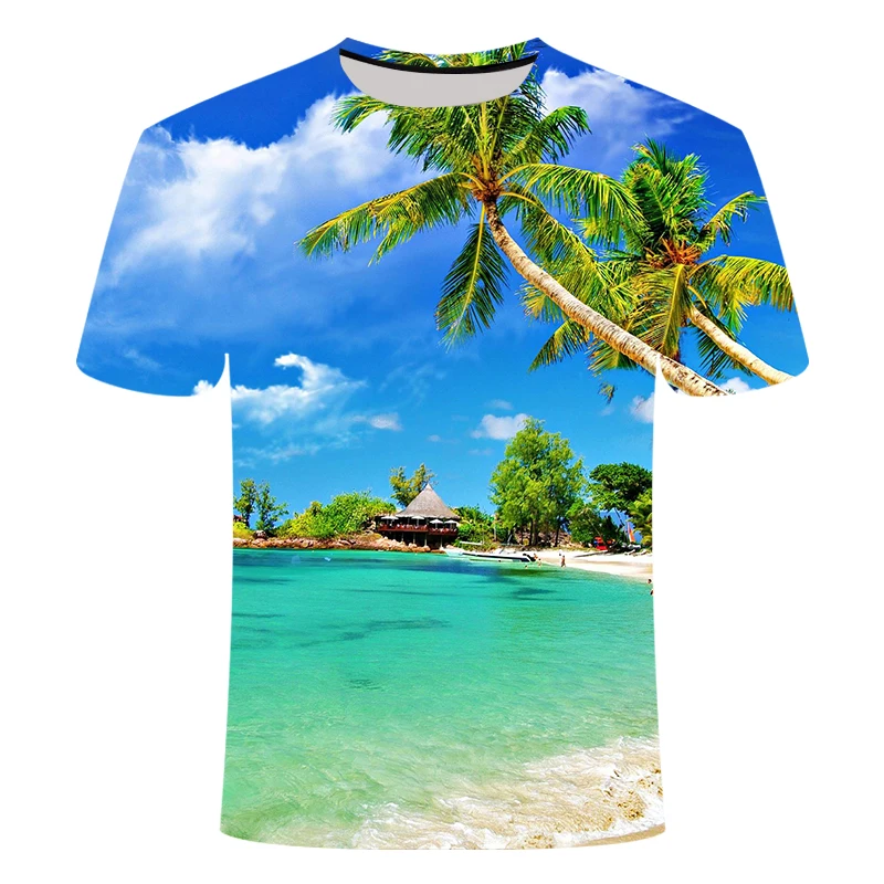 

2021 Creative 3d Digital Printing Blue Sky Sea Coconut Tree Beach T-shirt Summer Round Neck Refreshing T-shirt Unisex Children