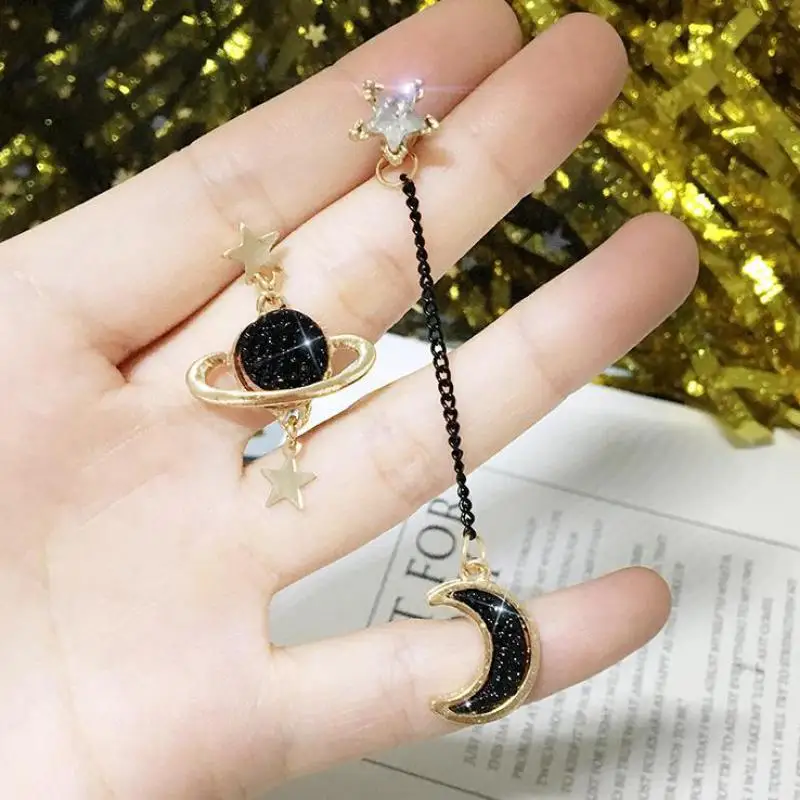 S925 Silver Needle High Quality Korean Creative Star Moon Asymmetric Black Planet Long Tassel Female Earrings, Wholesale