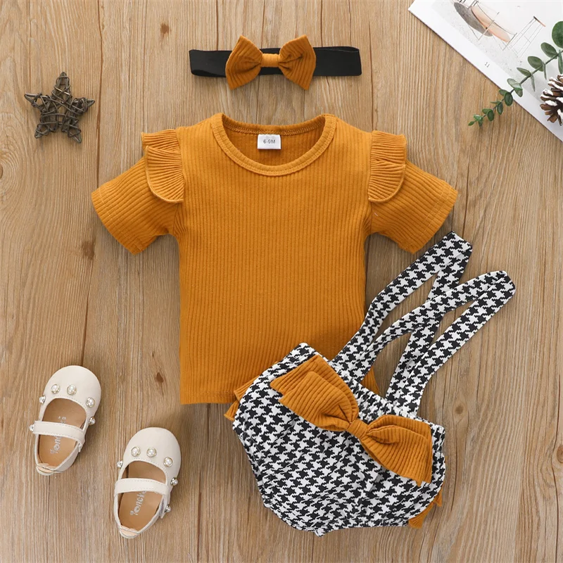 

Summer Baby Clothing Sets Short Sleeve Knitted T Shirts Plaid Suspender Shorts Bow Toddler Girls Outfit Ruffle Bebe Girl Clothes