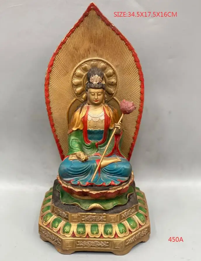 Fine Elegant Bronze Gilded And Painted Lotus Talisman GuanYin Deity Buddha Statue 34.5CM