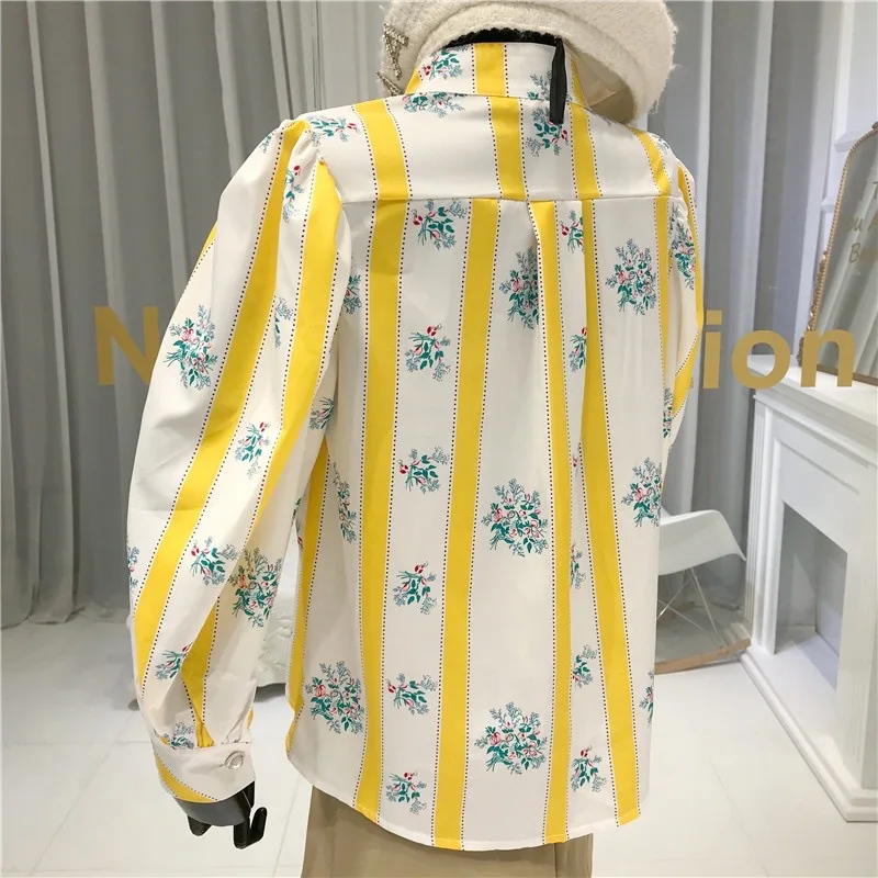 British Style Women Stripped Print Shirts Stand Colar Bottons Blouses Long Lantern Sleeve Floral Woman Shirts Blouses NS617