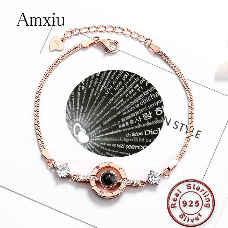 

Amxiu Personalized 925 Sterling Silver Bracelet 100 languages I love you projection Bracelet for Women Girl Wedding Gift Jewelry