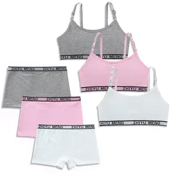 Teenage Girls Underwear Cotton-Padded Wireless Letter Print Small Bra Panty Set For Children Young Girls Sports Runnin Crop Tops