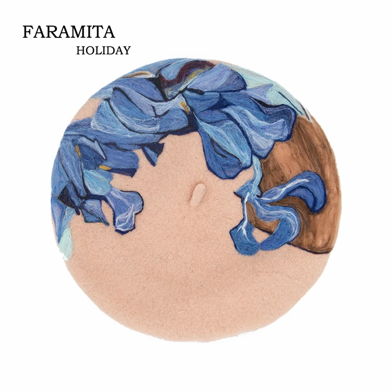 Faramita Holiday Wool Felt Women Handmade Manual Headwear French Berets Painter Hats Van Gogh Painting Beret Kids Girls Caps