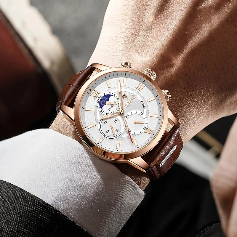 LIGE Mới Nâu Đồng Hồ Dây Da Nam Cao Cấp Hàng Đầu 24 Giờ Pha Mặt Trăng Nam Dây Thể Thao Chronograph Chống Nước Ngày Thạch Anh đồng Hồ