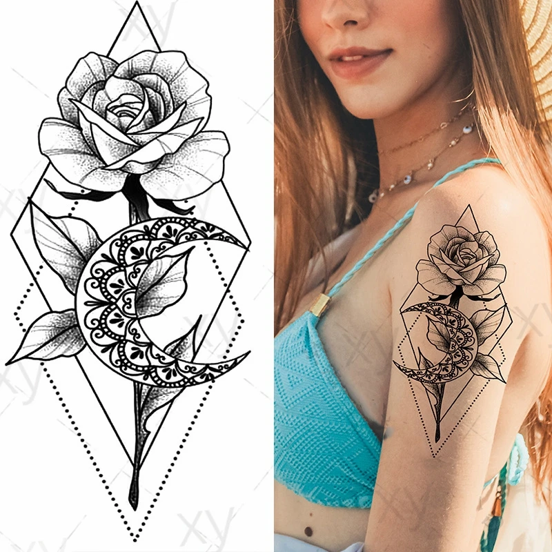 Waterdichte Tijdelijke Tattoo Sticker Geometrie Rose Maan Flash Tatto Patroon Vis Lotus Art Arm Fake Mouwen Tatoos Voor Vrouwen Mannen