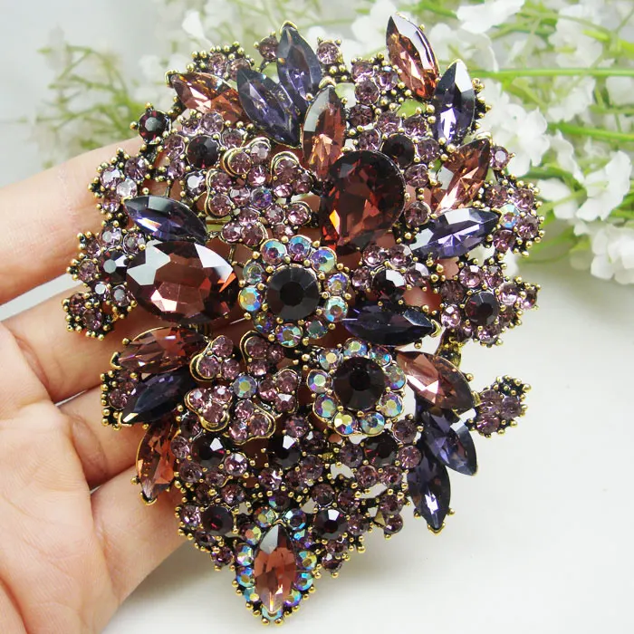 Fashion Purple Dual Droplets Flower Group Brooch Pin Pendant Rhinestone Crystal