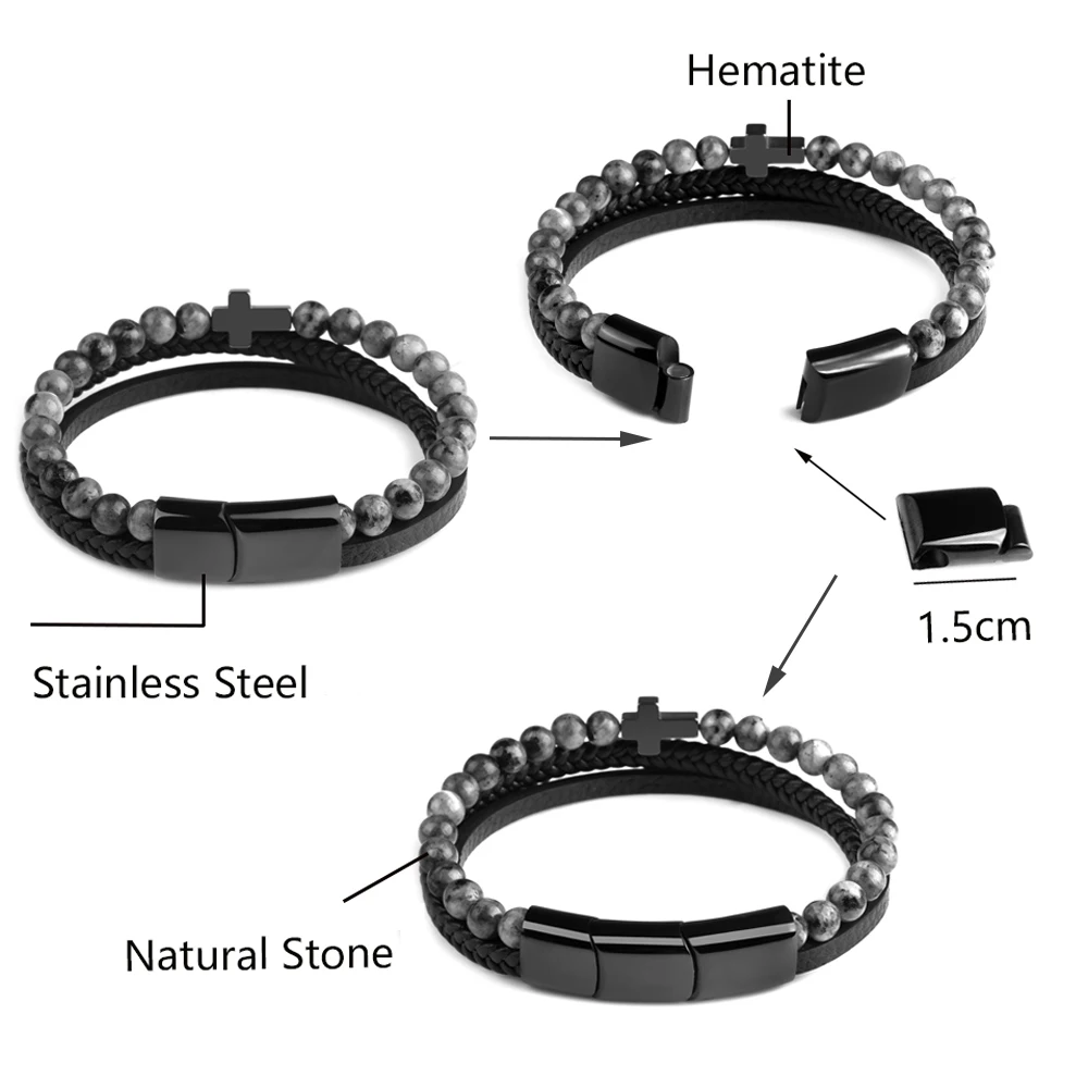 Cross Man\'s Bracelet Natural Stone Beads Genuine Leather Braided Stainless Steel 3 Adjustable Magnet Clasp Bangles For Men Gift