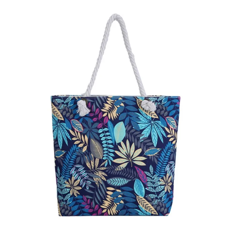 Summer Ladies Flower Printed Canvas Beach Handbag Portable Large Capacity For Female Single Shoulder Casual Tote Bags Dropship