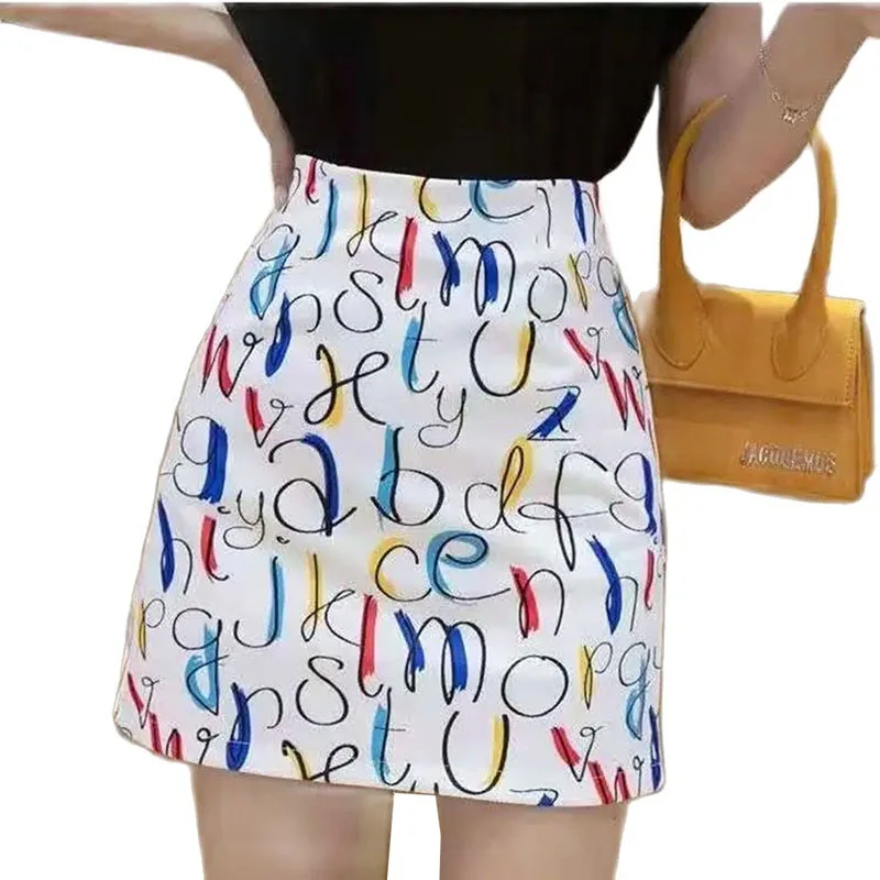 

New 2021 Summer A Word Version Skirt Female Style Skirt Letter Printing High Waist Thin All-Match Buttocks Miss Short Skirt