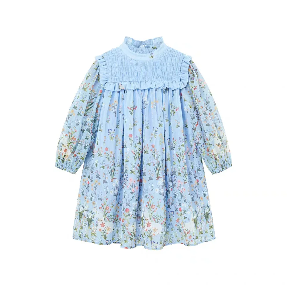 2024 spring summer new princess dress kids girl blue floral print sweet dresses little girls long sleeve elegant dresses