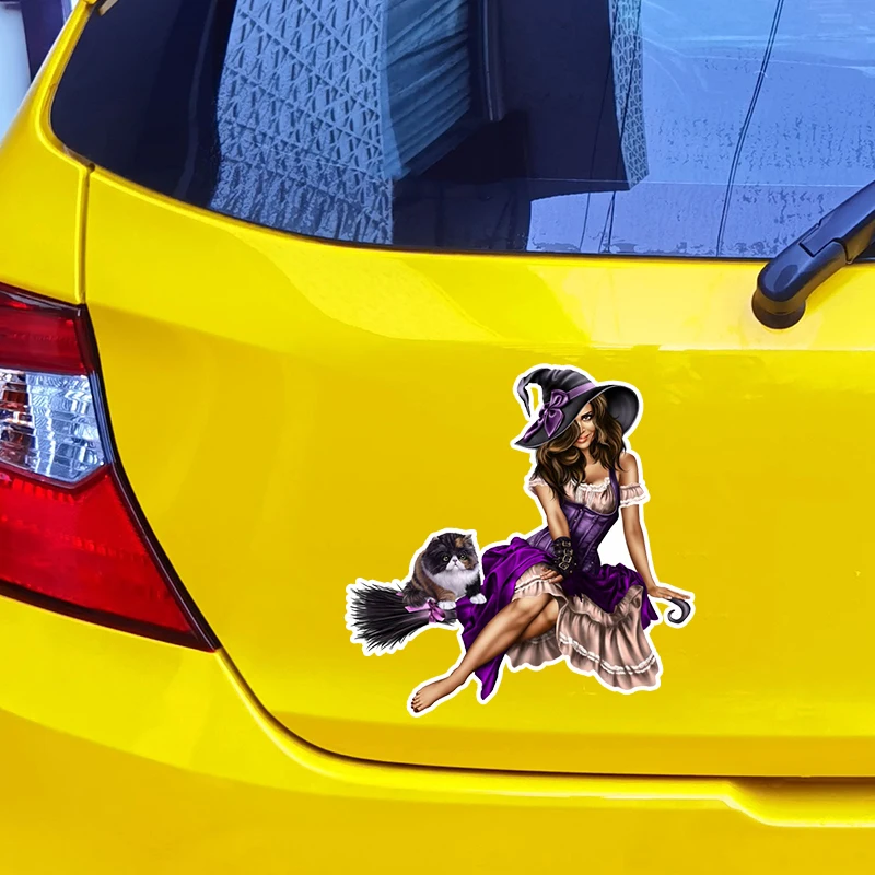 S60004# Witch and Her Cat Self-adhesive Decal Car Sticker Waterproof Auto Decors on Bumper Rear Window Laptop Choose Size