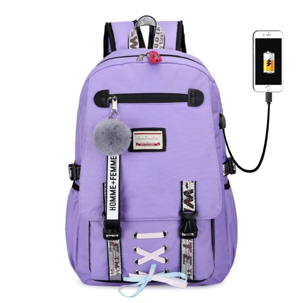 Teenage Large USB Printing Student Big School Bags Girls Bookbags Fashion Ribbon Bow Girls boys Schoolbag Backpack 4 color