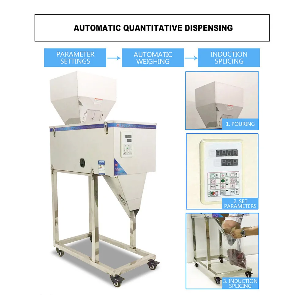 Máquina de llenado de granos de arroz, grano de arroz, polvo de gránulos de frutas secas, gran capacidad de pesaje, 25-5000 gramos