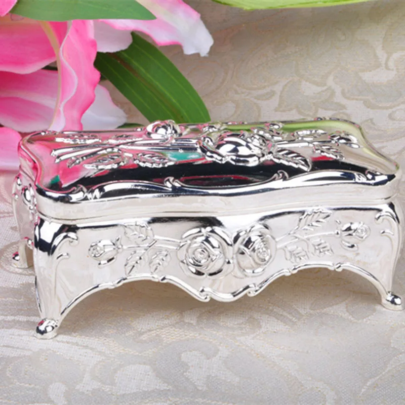 Retro Rectangular Rose Flower Jewelry Storage Box Zinc alloy Storage Case for Women Ladies Wedding Rings Box