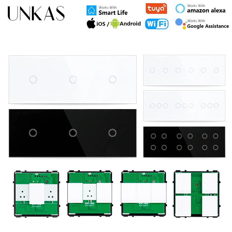 

UNKAS 3 6 9 12 Gang DIY Only Touch On / Off Function Free Combination 228mm Glass Panel Single Fire Switch Neutral Wire Outlet