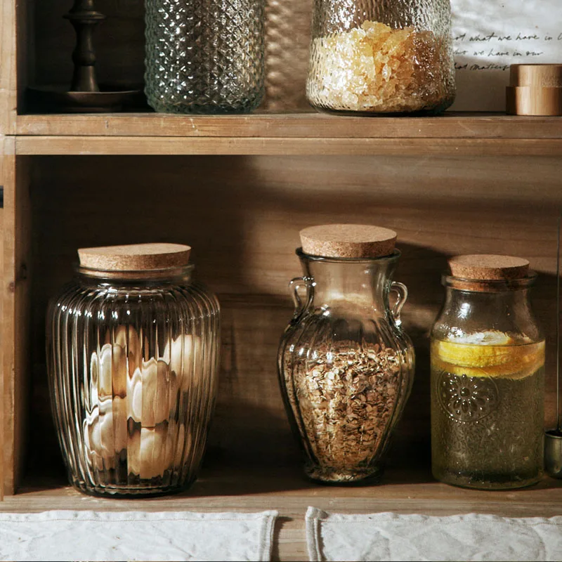 European style embossed wooden cork glass airtight jars multigrain storage jar kitchen multigrain dried fruit storage jar