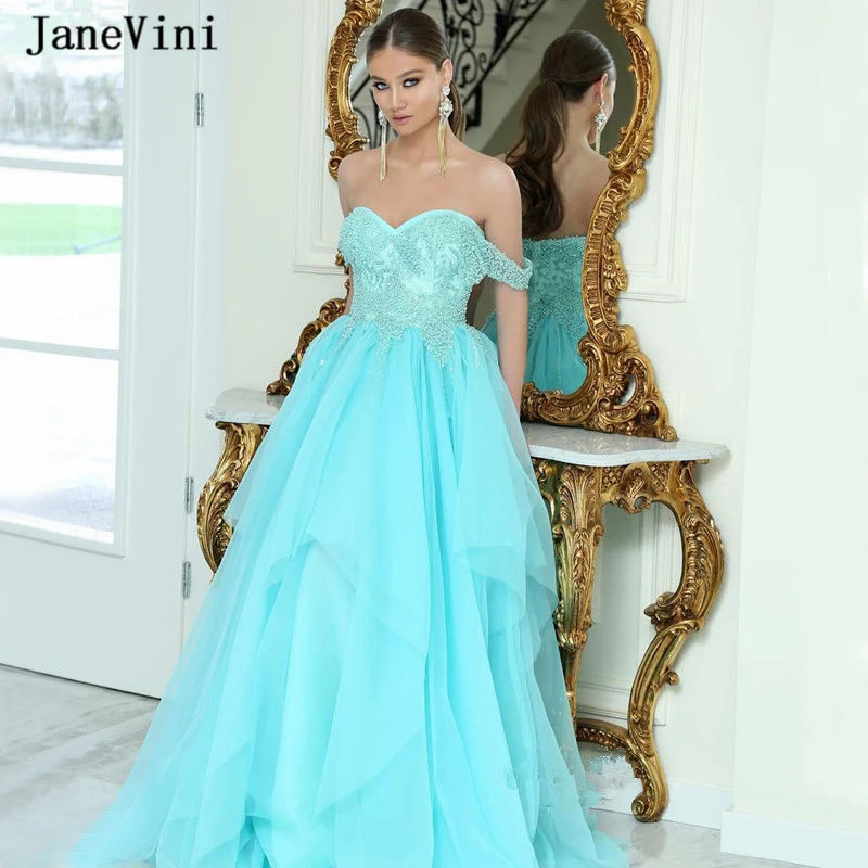 JaneVini – robe de soirée de luxe en Tulle pour femmes, tenue de soirée élégante, verte menthe, avec perles, coupe a-line, à personnaliser, 2020