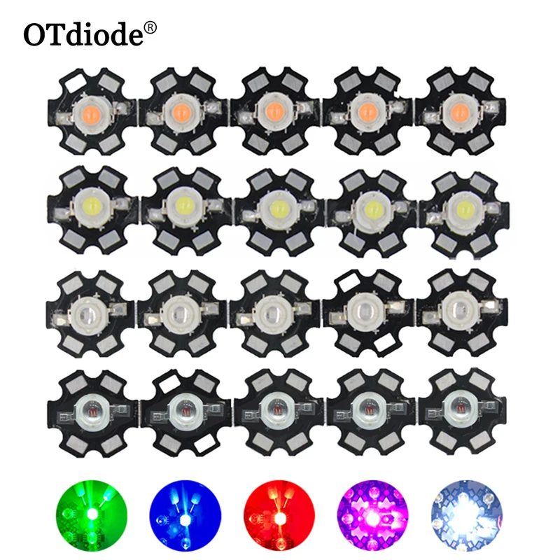 100 sztuk 1W 3W wysoka dioda led dużej mocy dioda zimny ciepły biały RGB UV 395nm głęboki czerwony zielony Royal Blue 450nm 660nm różowa dioda LED z 20mm gwiazda pcb