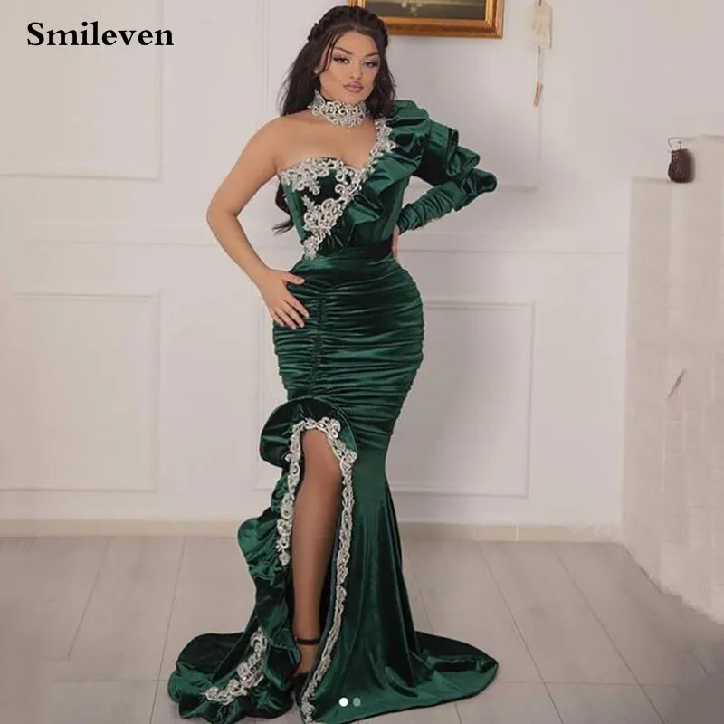 Smileven Hanter Green Velvet Lace Evening Dress High Neck Split Prom Dress Evening One Shoulder Party Gown Customized 2024