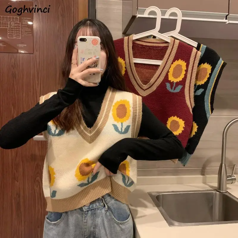 

Sweater Vests Women Sunflower Retro Japanese-style Sweety Leisure Loose Girls Sweaters Outwear Lovely Teens Trendy Chic