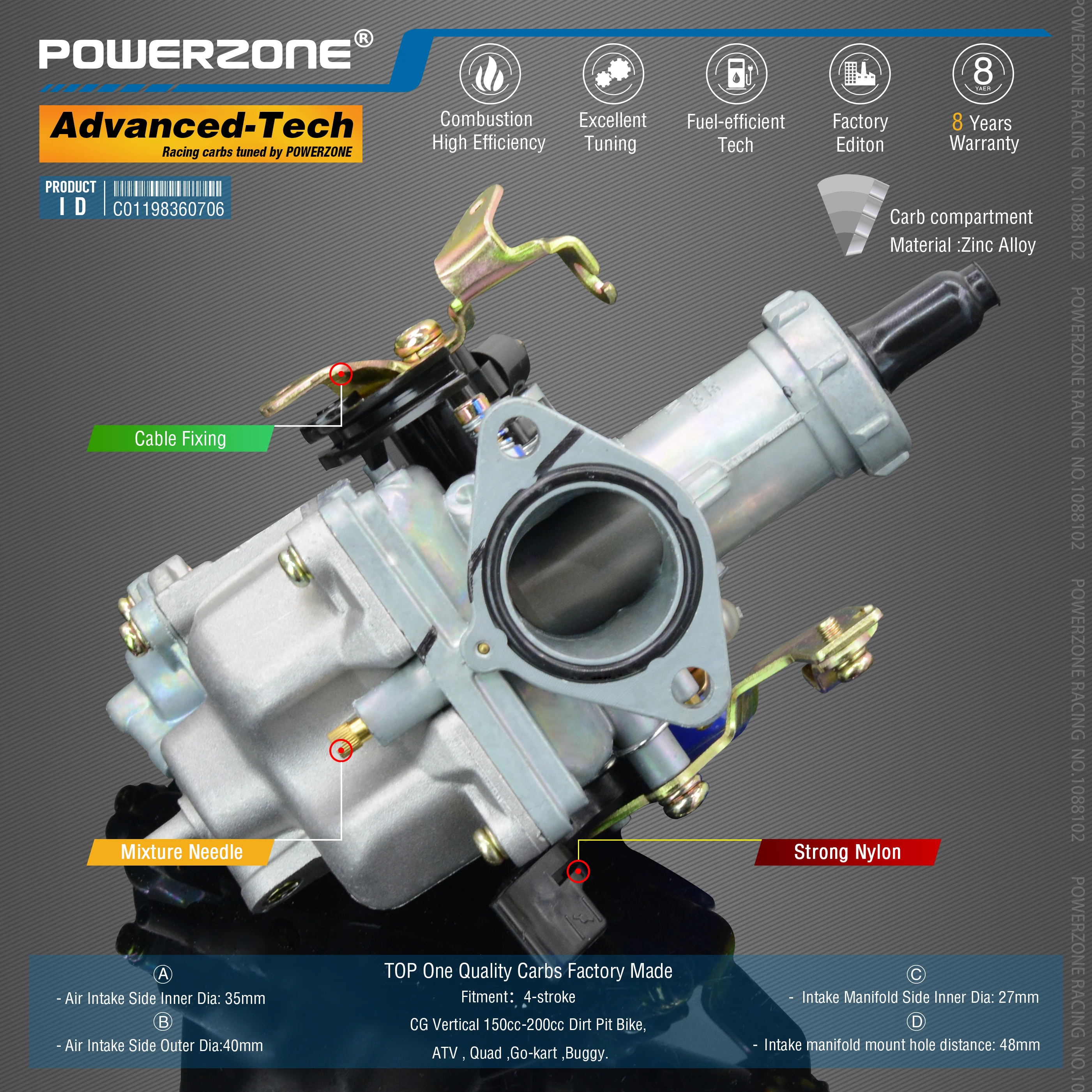 Powerzone  Carburetor PZ27B 27mm  CVK  Accelerator Pump Carb For CG Vertical 150cc-200cc Dirt Pit Bike,ATV,Quad ,Go-kart ,Buggy