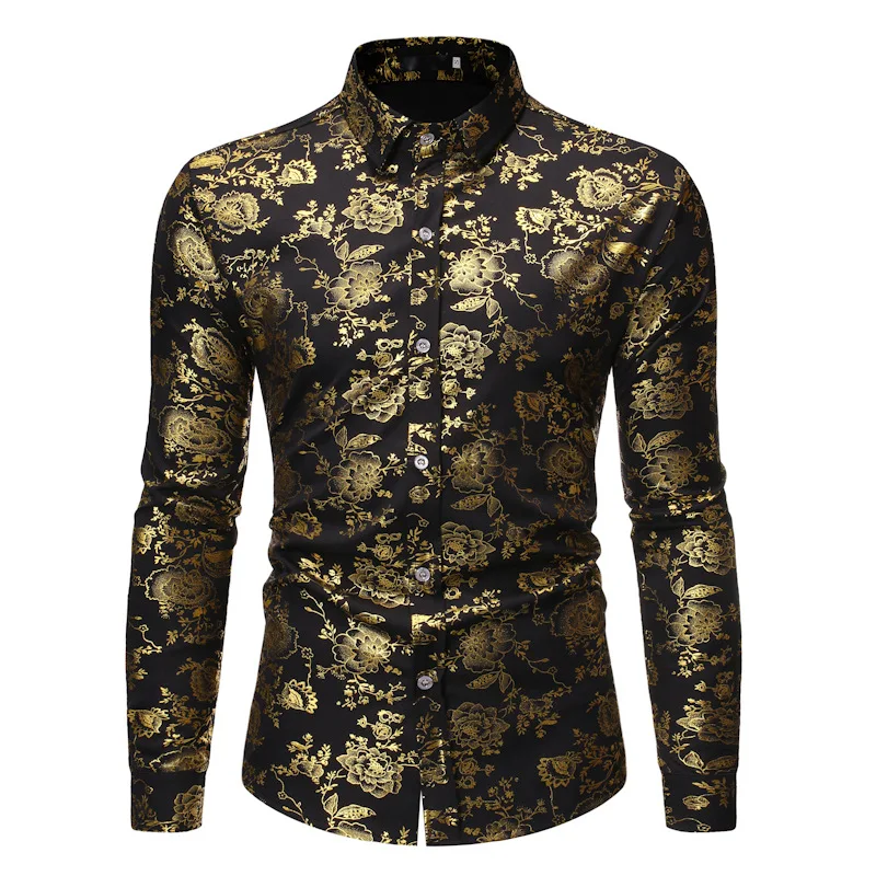 

Luxury Black Gold Floral Print Shirt Men 2023 Autumn New Long Sleeve Mens Dress Shirts Party Nightclub Prom Baroque Shirt Male