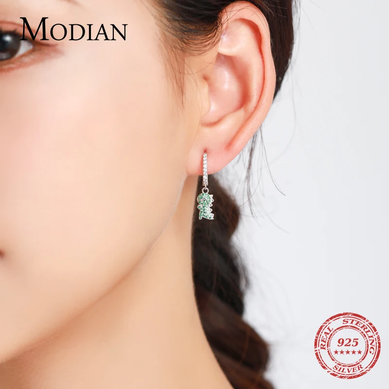 Modian 100% Real 925 Sterling Silver Animal Cute Dinosaur Swing Drop Earrings Fashion Clear CZ Dangle Ear For Women Fine Jewelry