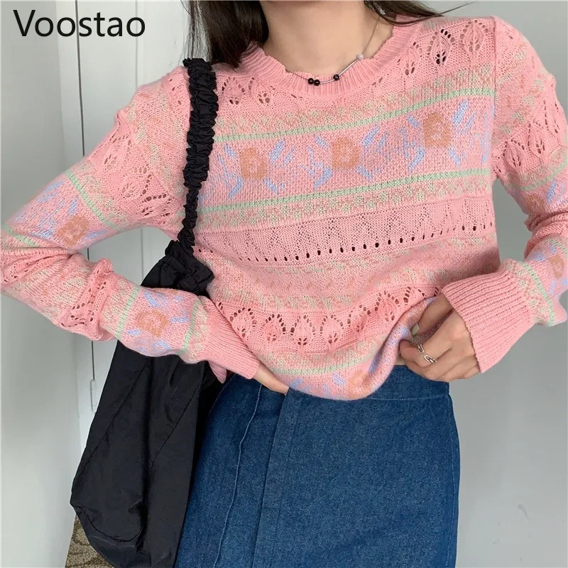 Spring Autumn Sweet Loose O-Neck Knitted Long Sleeve T-shirt Sweater Autumn Women Elegant Hollow Out Floral Pullovers Girly Tops