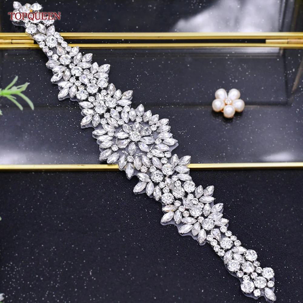 TOPQUEEN S319 Rhinestones Wedding Belt Sparkly Bride Dress Decorative Sash with Stone Jeweled Satin Ribbons Silver Gown Applique