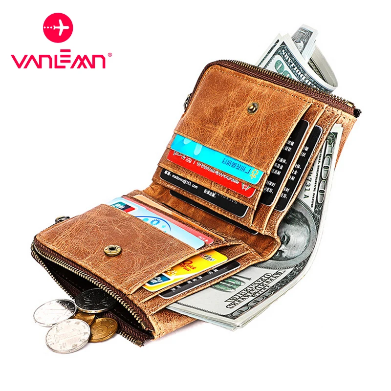 100% Genuine Leather Rfid Wallet Men Vintage Card Wallet Holder Mens Coin Wallets Purse Luxury Designer Cash Male Mini Money Bag