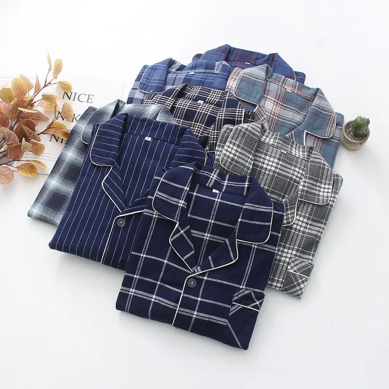 2024 autunno inverno uomo Casual Plaid pigiama set maschile 100% cotone pigiameria vestito da uomo colletto rovesciato manica lunga vestiti per la casa