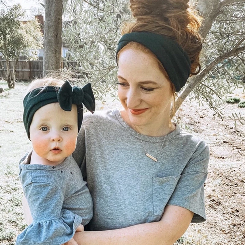 Conjunto de diademas para mamá y bebé, turbante con lazo para bebé, cinta para la cabeza giratoria elástica para niña, cintas para el pelo de algodón sólido, accesorios para el cabello para bebé