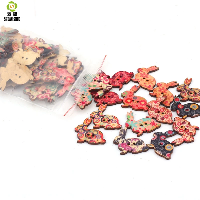 ShuanShuo Colored Rabbit Wooden Buttons Hand Printed DIY Jewelry Colorful Mixed Wood Buttons For Hat, Shoes, Clothes 50PCS/Bag