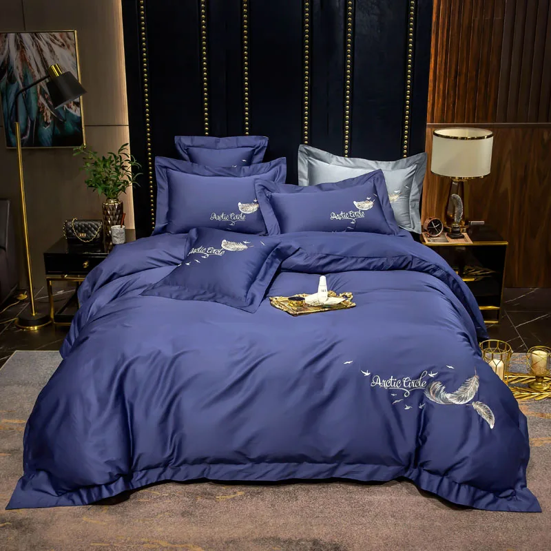 2021 Four-piece bedding simple cotton double household bed sheet quilt cover embroidered twill comfortable bedding peacock blue