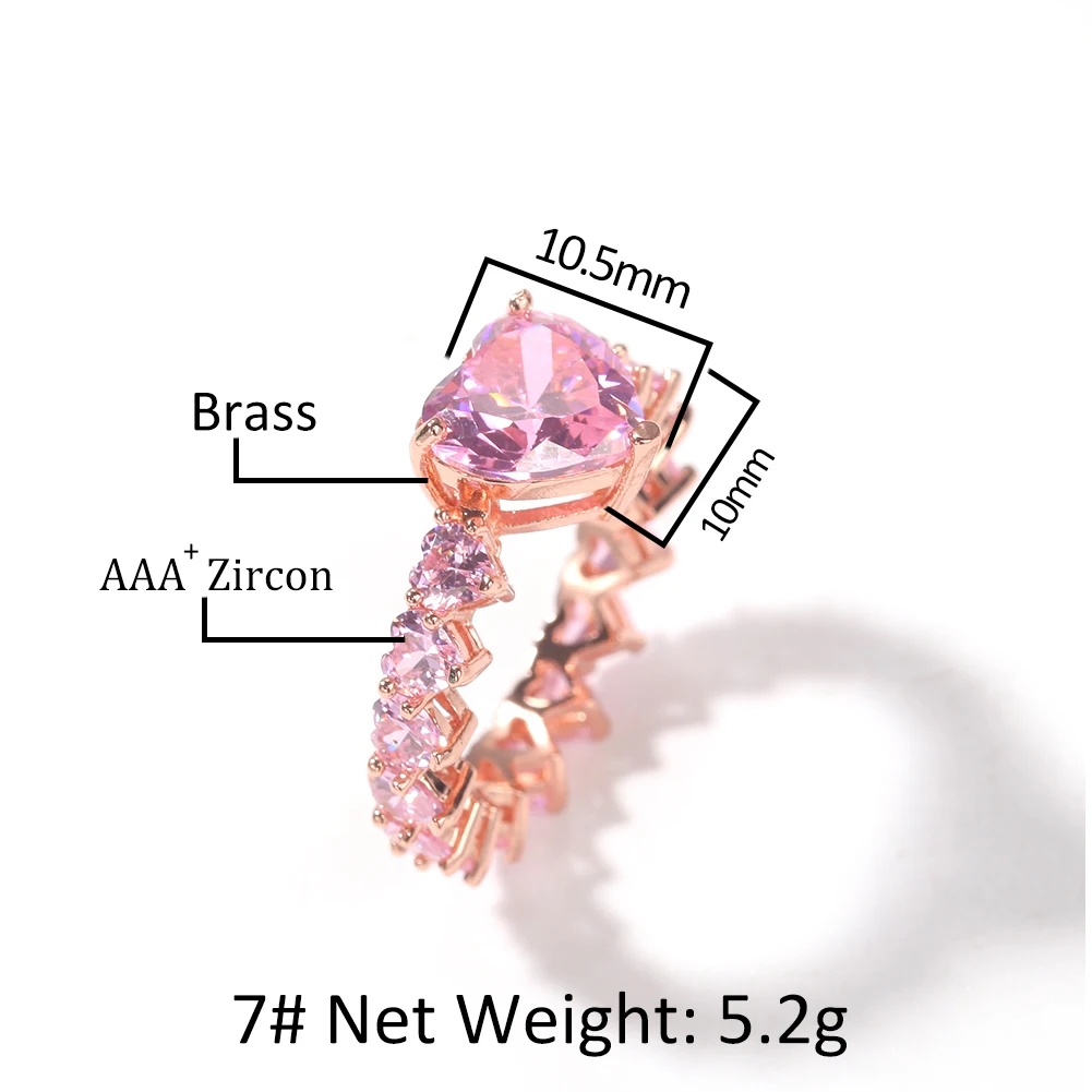 THE BLING KING Luxury New Fashion Iced Out Water Drop Pink Bling CZ Heart Rings For Girl Women Charm Valentine's Day Gift