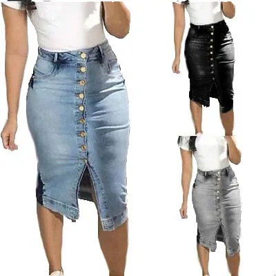 Women Summer Knee Length Denim Skirts Slim Bodycon Button Jeans  Skirt Faldas Largas Mujer