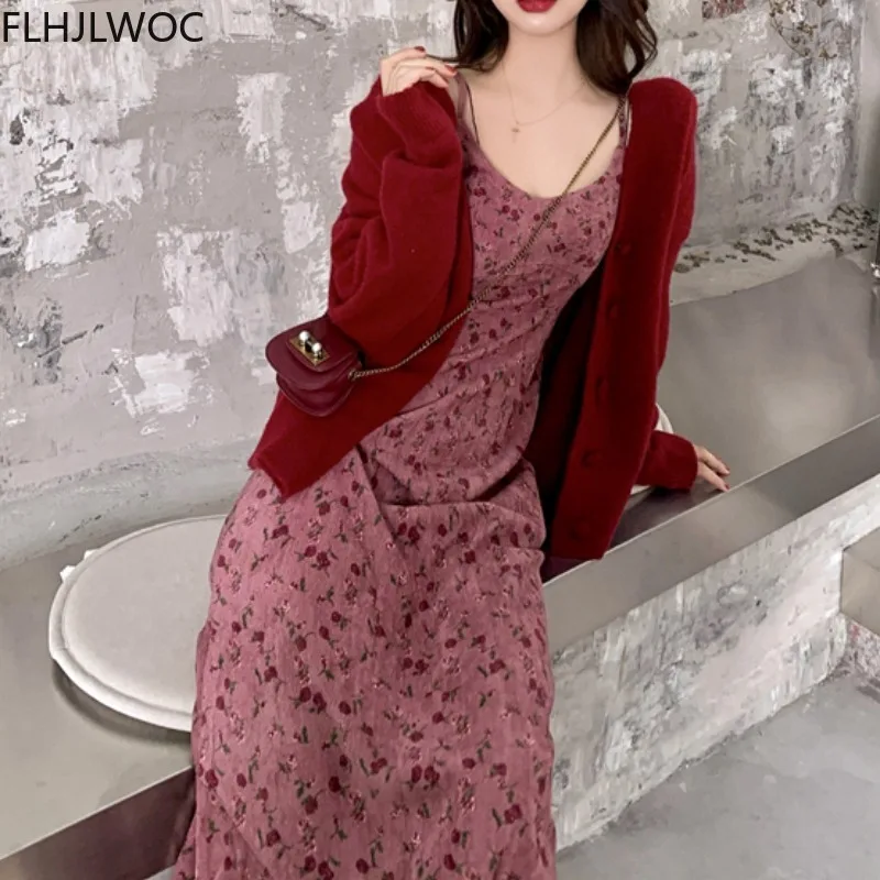 Chic Korea Feminine Vestidos Women New Year Red Matching Outfits Autumn Fall New Japan Girls Pink Long Cotton Corduroy Dress