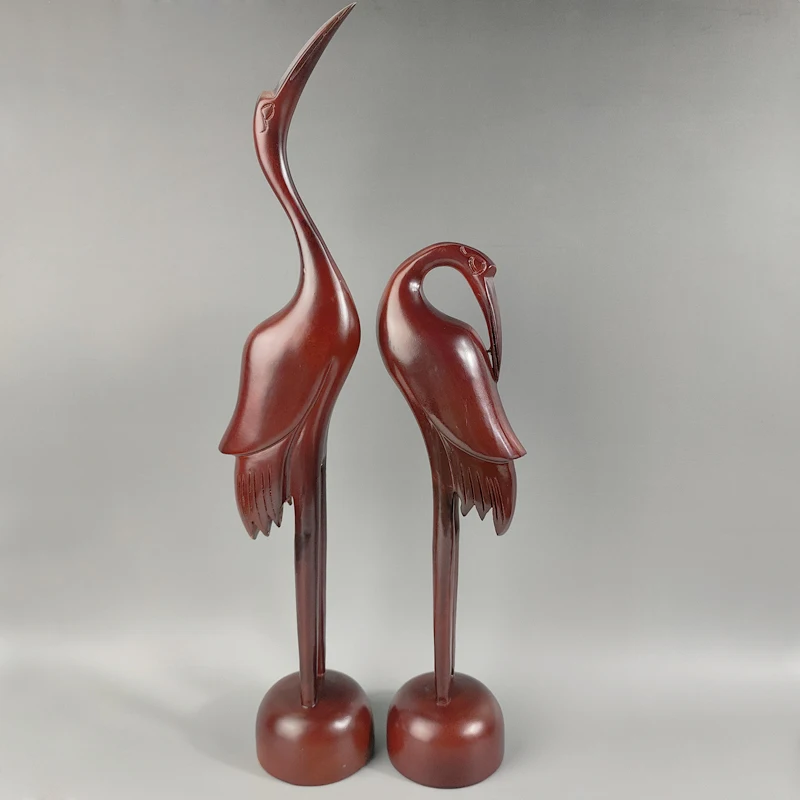 A pair of Elaborate Collection Home Decoration Chinese Handmade Red Wood Red-crowned Crane Auspicious Statues