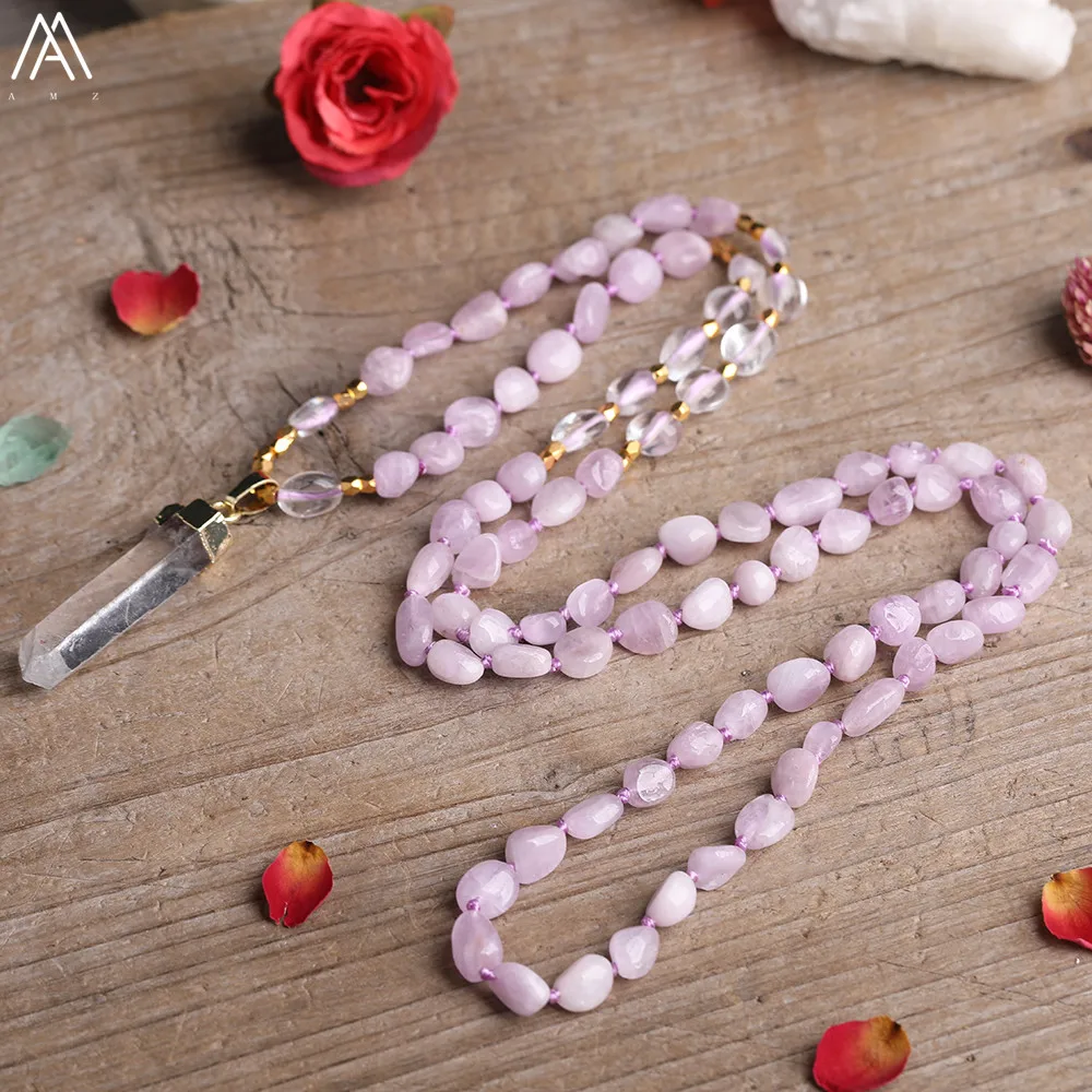 Natürliche Weiße Quarz Freeform Punkt Anhänger Kunzit Kristall Unregelmäßigen Chip Perlen Schnur Verknotet Mala Handgemachte Halskette Schmuck – Detail 3
