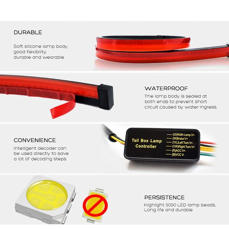 100/90cm Additional Stop Signal Tape Car Rear Flexible Brake Lights Multi-mode Trunk Tail Warning Lamp Waterproof LED Strip 12V