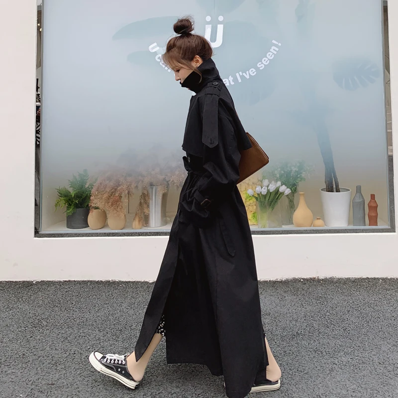 Double Breasted Black Long Windbreaker Women British Style Loose Bandage Maxi Trench Coat Female Elegant Jacket Coat