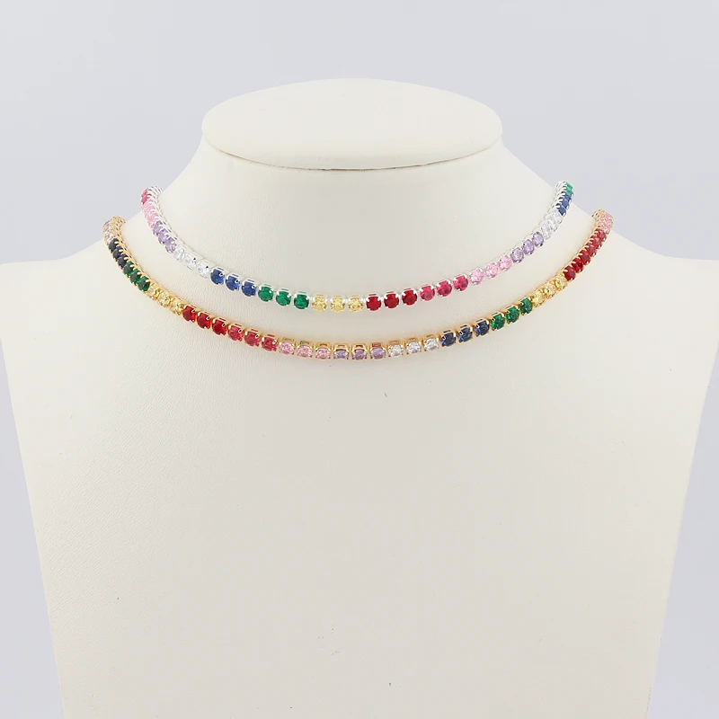 Sexy Short Gold Color Necklace With Rainbow CZ Chain Colorful CZ Charm Choker Tiny Link Chain Necklace Jewelry For Women Girl