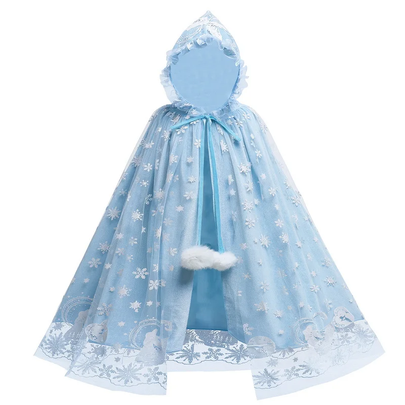 Winter Children Frozen 2 Cloak Halloween Christmas Girls Princess Blue Cartoon Hooded Shawl Cape Party Gift Dress Accessory Set