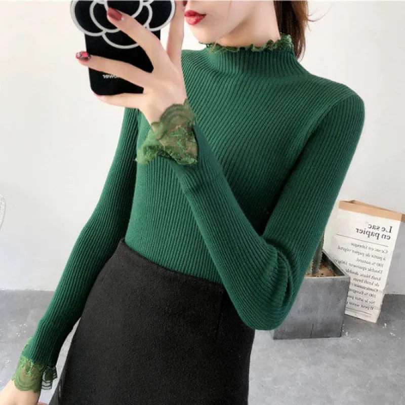 2020 Autumn Winter Women Sweater Lace Turtleneck Sweaters Female Long Sleeve Knitted Pullovers Casual Jumper Femme Pull P315